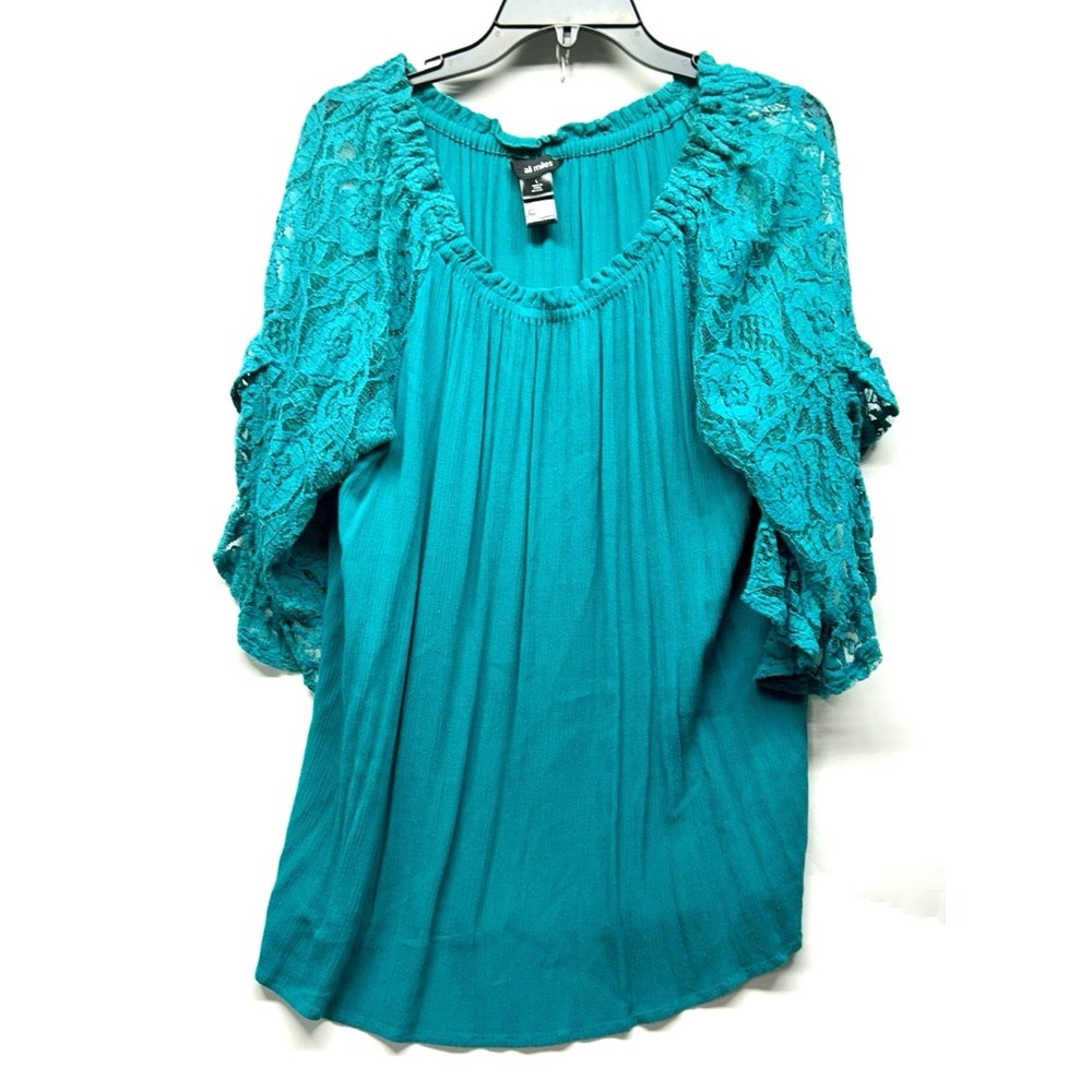 Ali Miles Women's Teal Peasant Blouse Large Rayon Blend Top (C8)